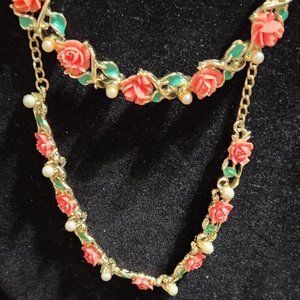 Molded  Roses Necklace Choker Set 1950s Vintage Full Parure Salmon colored